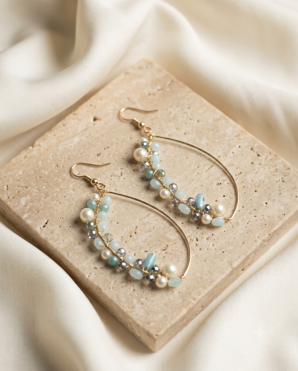 Elegant Pearl & Blue Crystal Hoop Earrings – Handmade Statement Jewellery