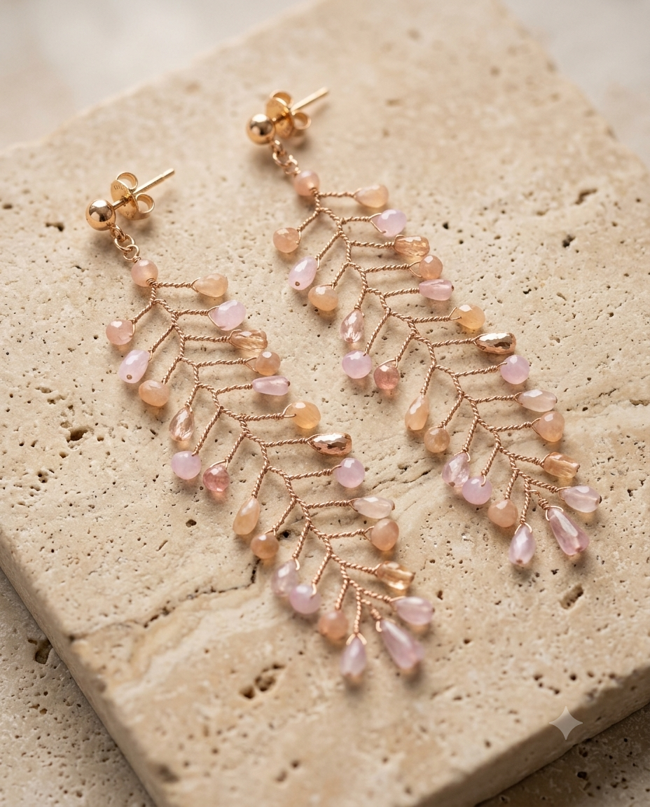 Elegant Rose Gold Leaf Drop Earrings – Crystal Beaded Statement Earrings