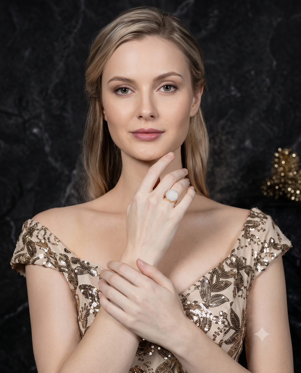 Elegant White Druzy Stone Statement Ring – Gold-Tone Adjustable Ring for Women