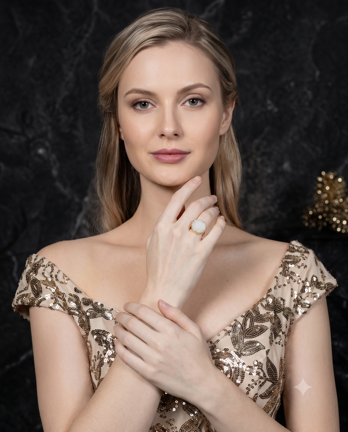 Elegant White Druzy Stone Statement Ring – Gold-Tone Adjustable Ring for Women