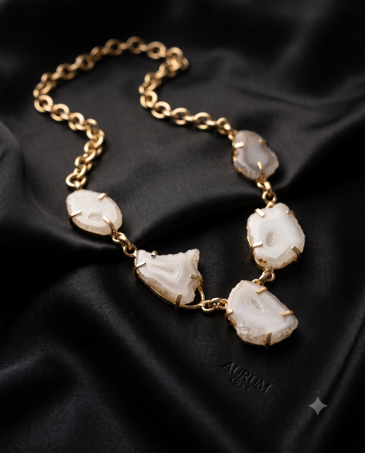 Elegant White Agate Statement Necklace for Women – Gold-Tone Natural Stone Pendant Necklace
