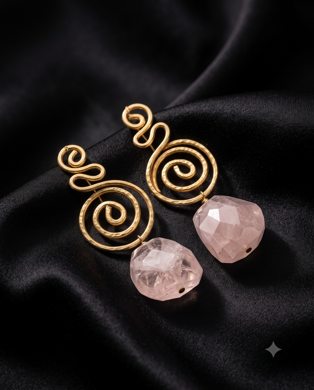Elegant Handmade Spiral Rose Quartz Dangle Earrings – Artistic Boho Statement Earrings for Women
