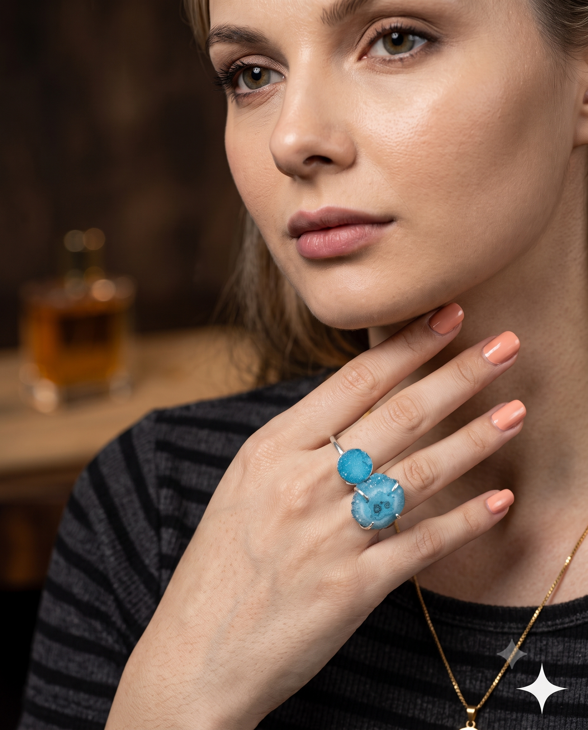 Turquoise Blue Statement Ring for Women – Elegant Silver-Tone Natural Stone Ring