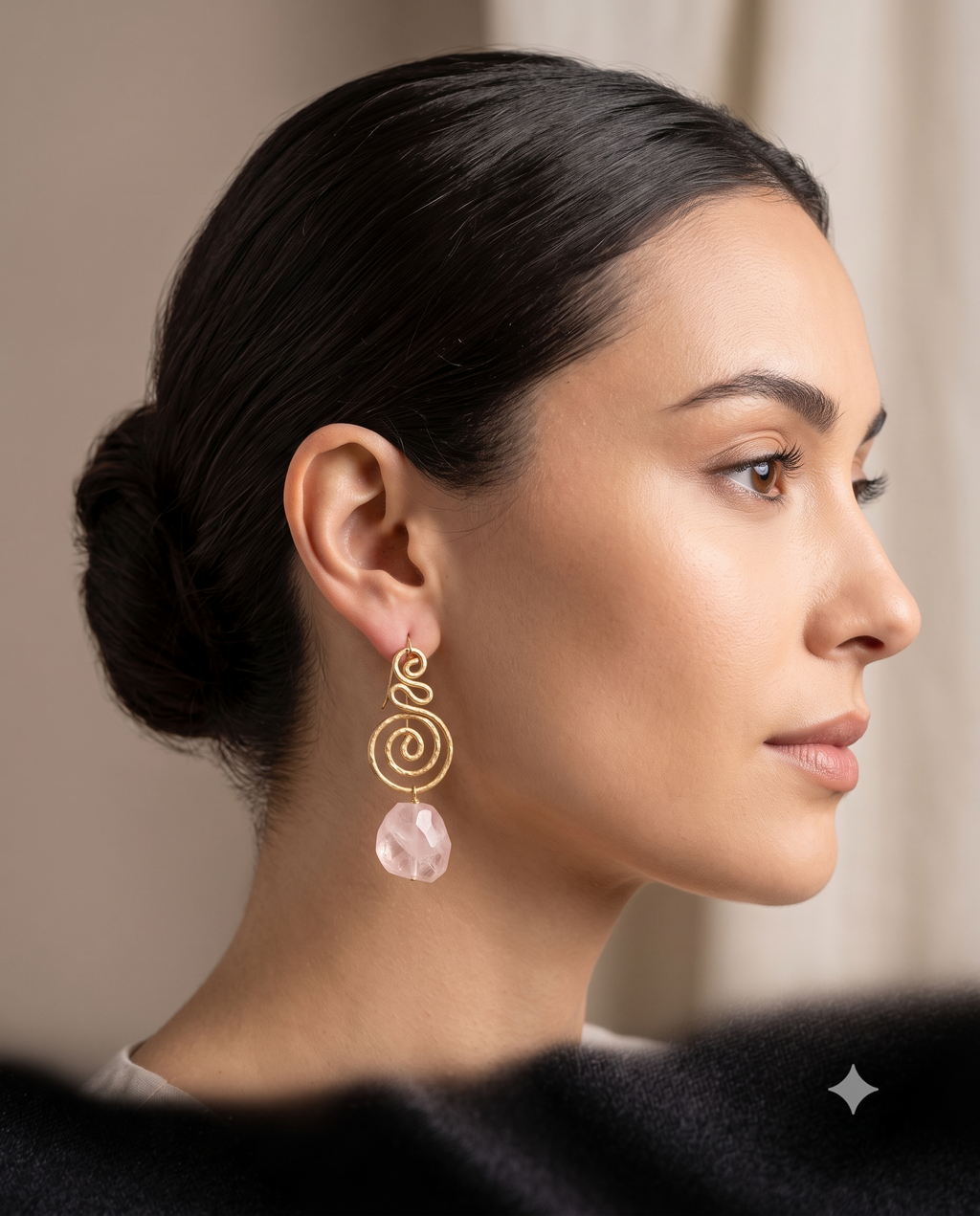 Elegant Handmade Spiral Rose Quartz Dangle Earrings – Artistic Boho Statement Earrings for Women