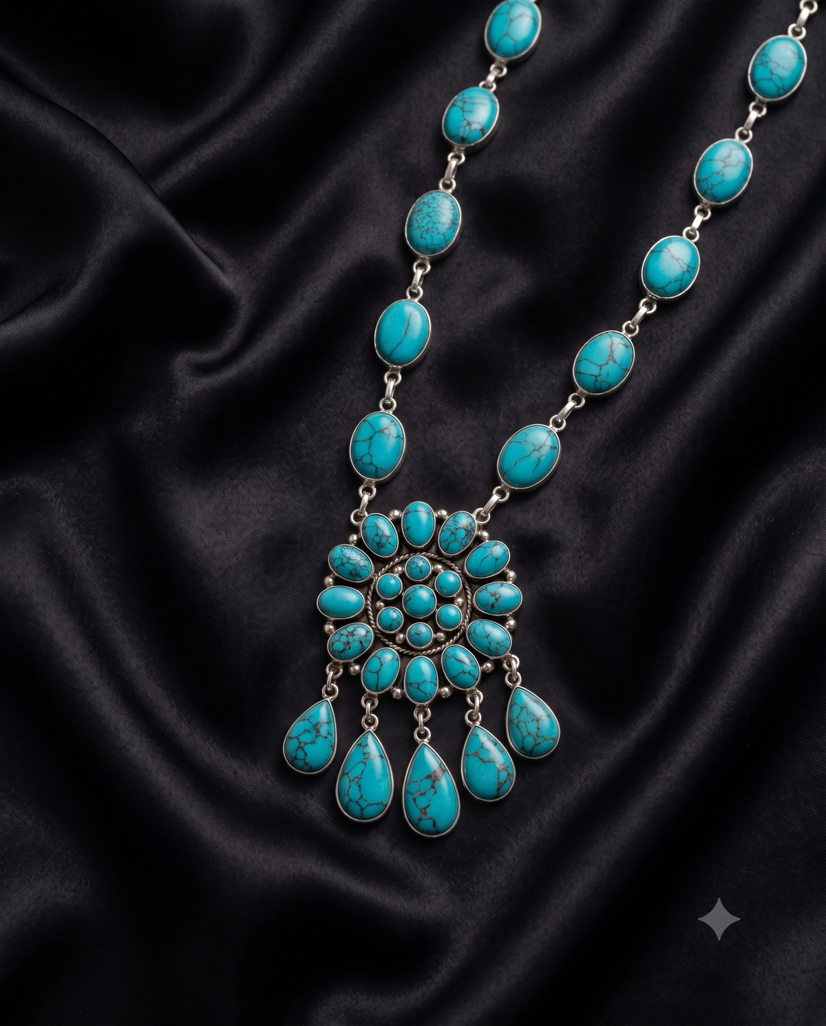 Turquoise Statement Necklace for Women – Elegant Boho Beaded Pendant Necklace with Silver-Tone Chain