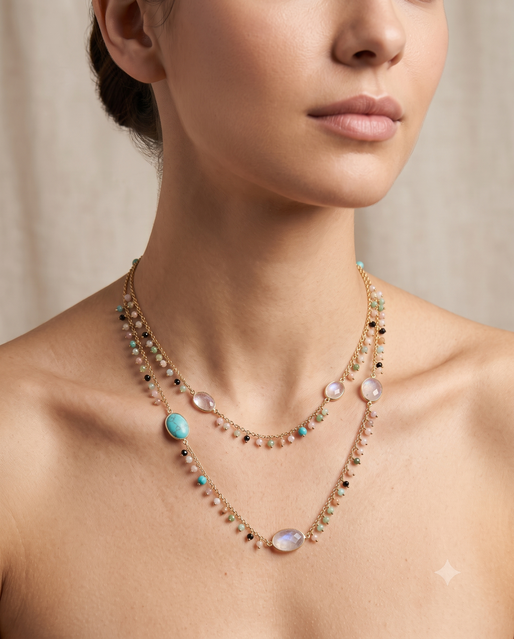 Elegant Multicolor Layered Beaded Necklace for Women – Gold-Tone Statement Necklace with Turquoise & Pink Stones
