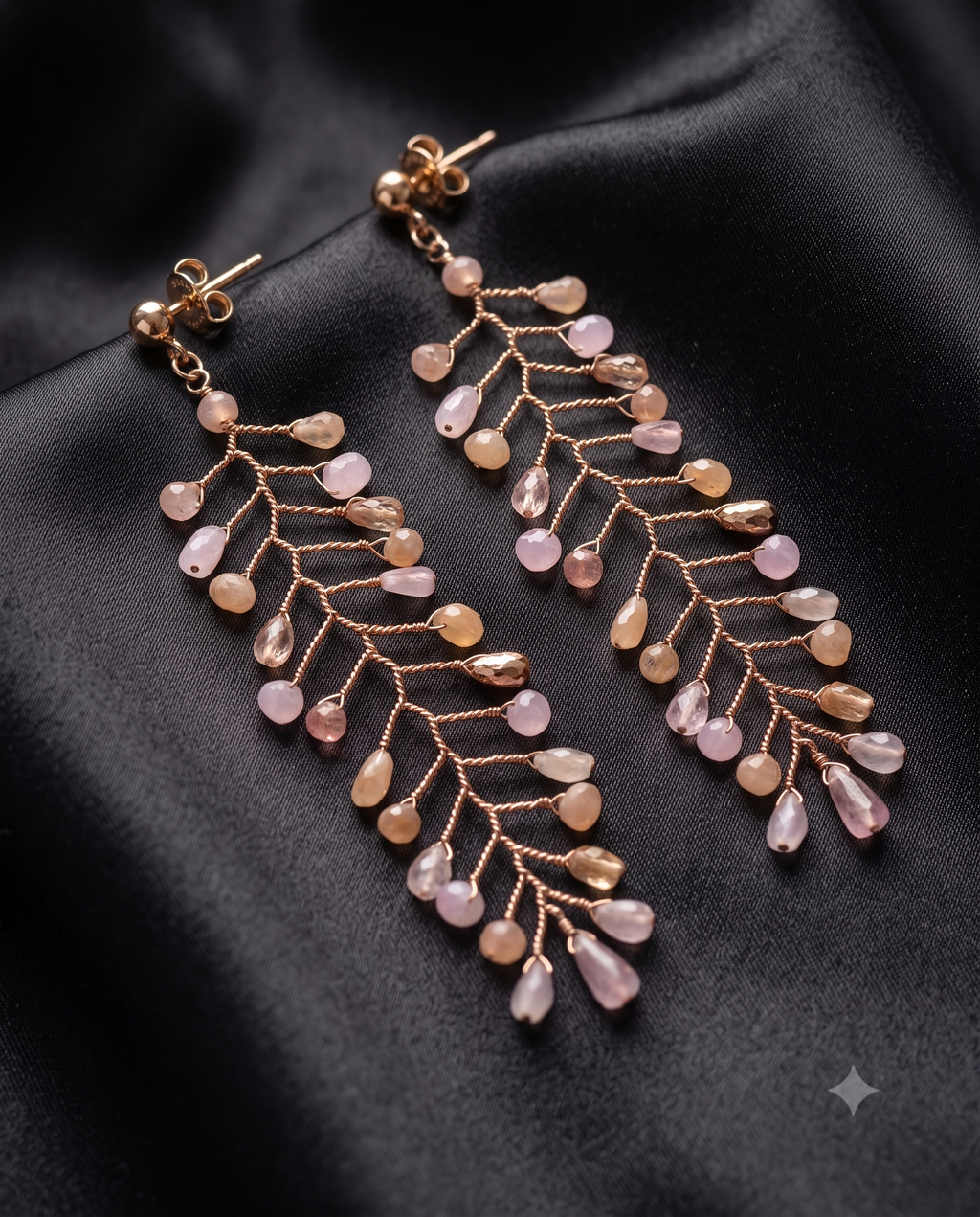 Elegant Rose Gold Leaf Drop Earrings – Crystal Beaded Statement Earrings