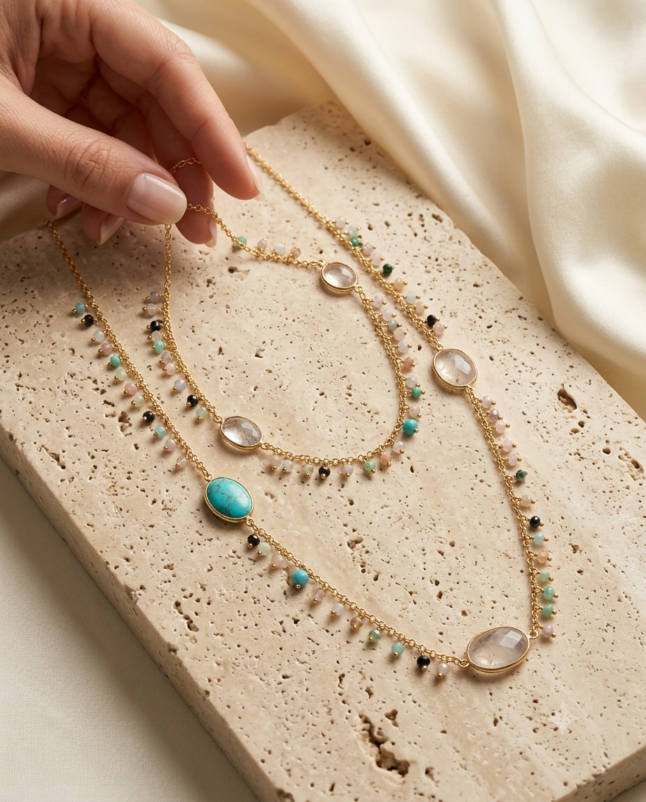 Elegant Multicolor Layered Beaded Necklace for Women – Gold-Tone Statement Necklace with Turquoise & Pink Stones