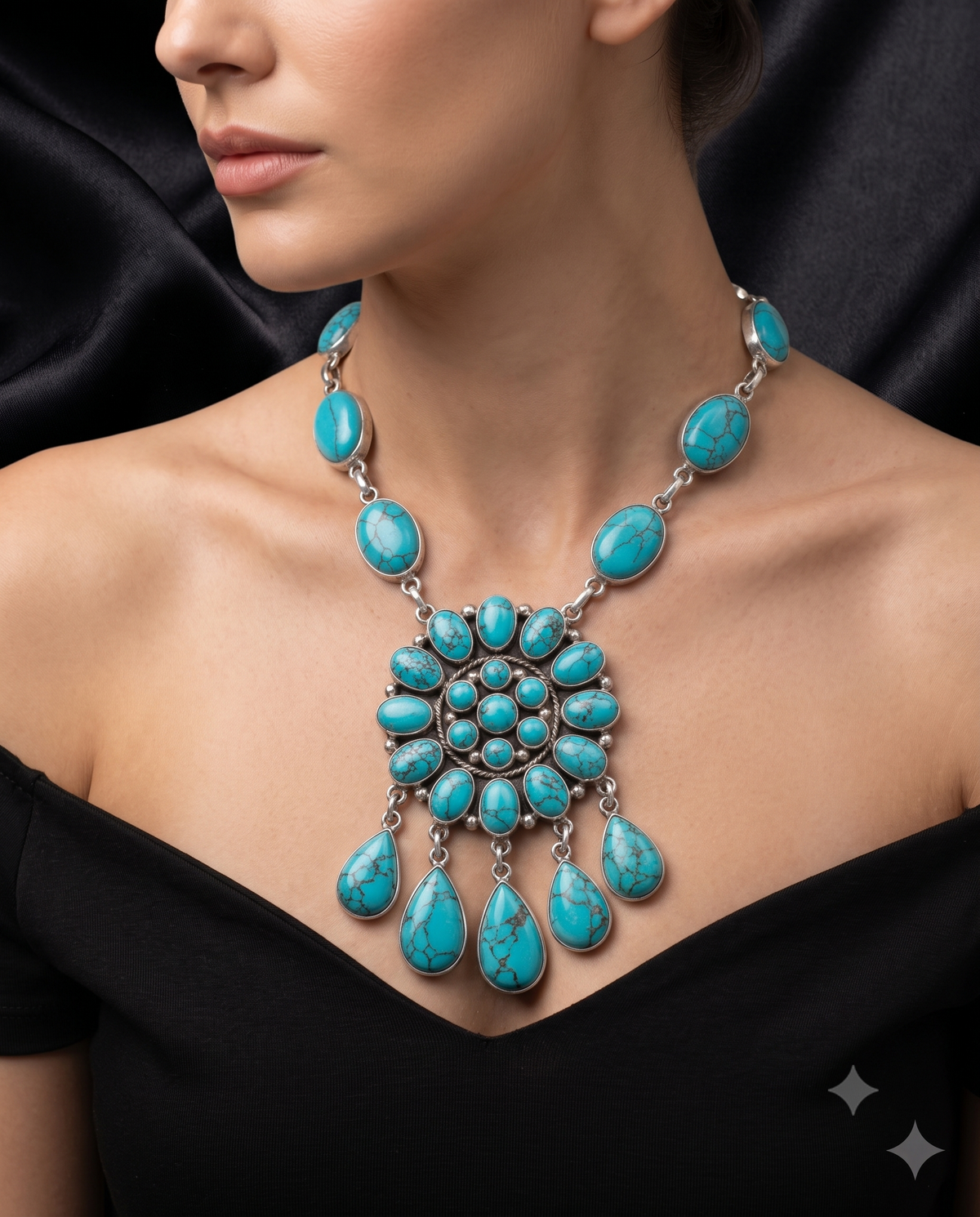 Turquoise Statement Necklace for Women – Elegant Boho Beaded Pendant Necklace with Silver-Tone Chain