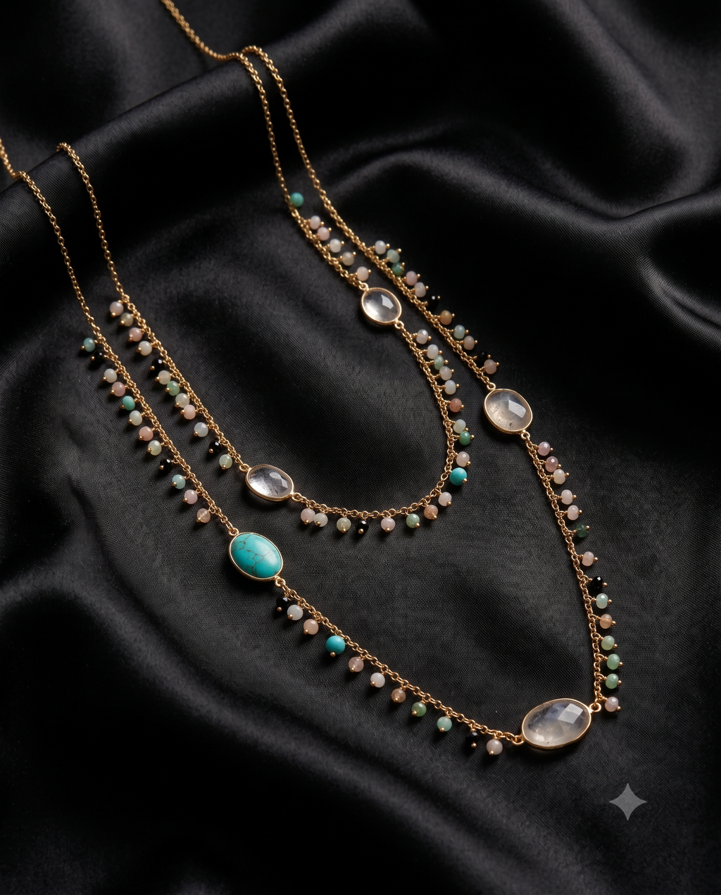Elegant Multicolor Layered Beaded Necklace for Women – Gold-Tone Statement Necklace with Turquoise & Pink Stones