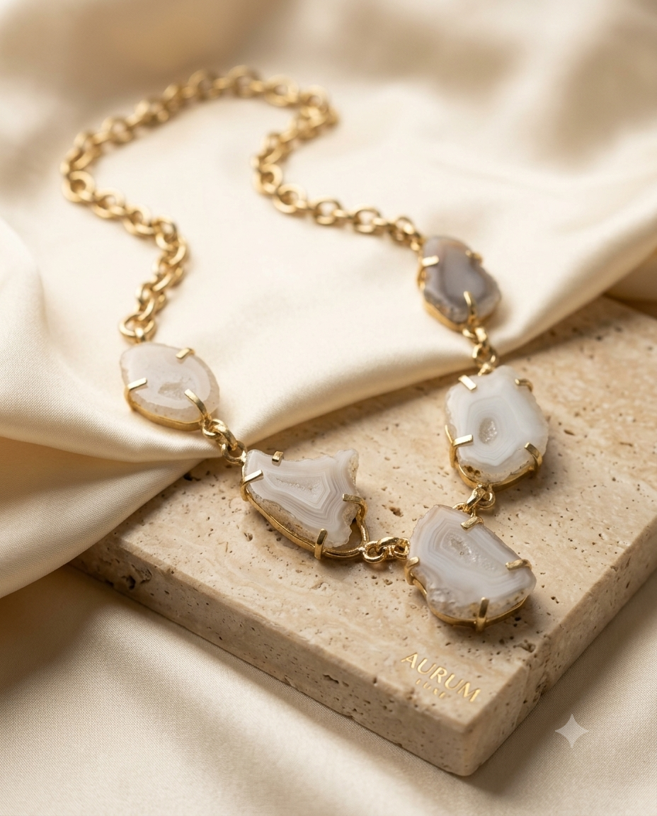 Elegant White Agate Statement Necklace for Women – Gold-Tone Natural Stone Pendant Necklace